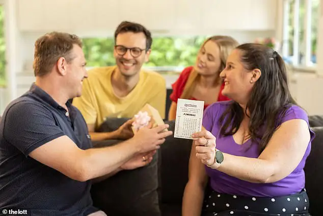 Group of friends celebrating with a winning lottery ticket and sharing joyful moments.