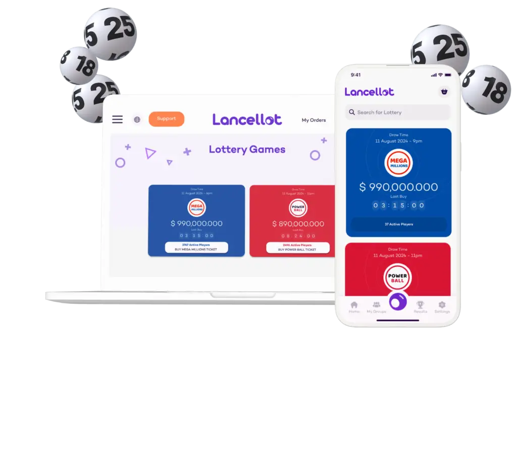 lancellot lottery platform displayed on a laptop and smartphone with featured games like Mega Millions and Powerball.