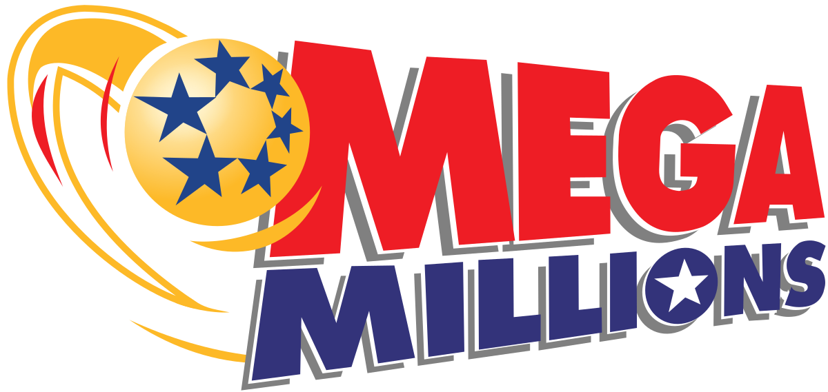 Mega Millions lottery logo featuring a golden ball with blue stars and bold red and blue text.